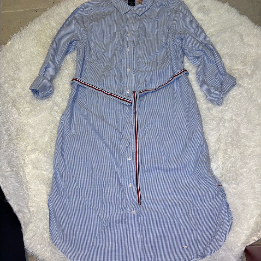 Tommy Hilfiger Blue and White Striped Tie Belt Shirt Dress